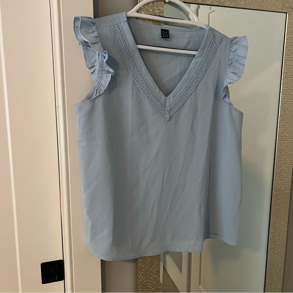 Lush Light Blue V-Neck Blouse with Ruffles
